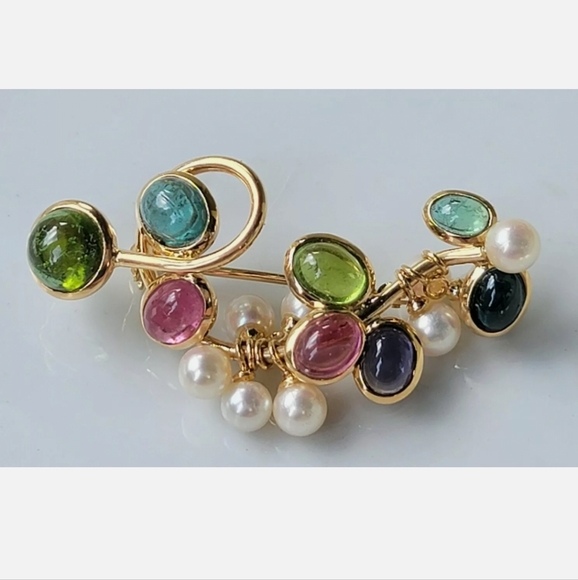 14k Gold Multi Gemstone Pearl Pendant Brooch-Designer Estate Jewelry 12 gm - Picture 2 of 12
